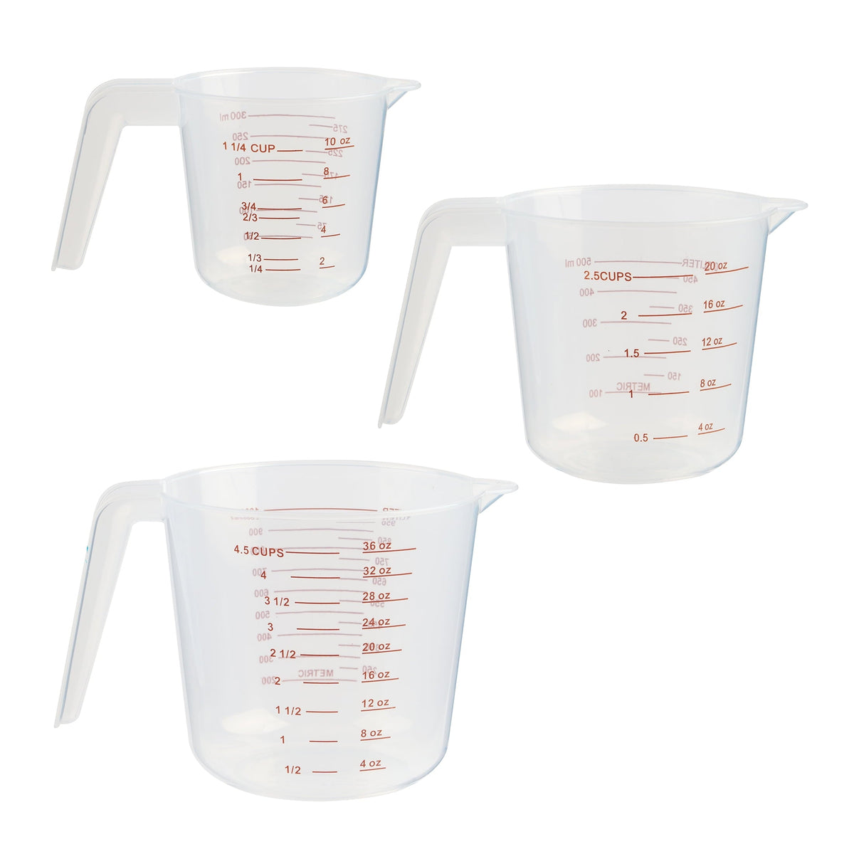Mainstays 3-Piece Tapered Spout Nesting Plastic Measuring Cups Set, Clear